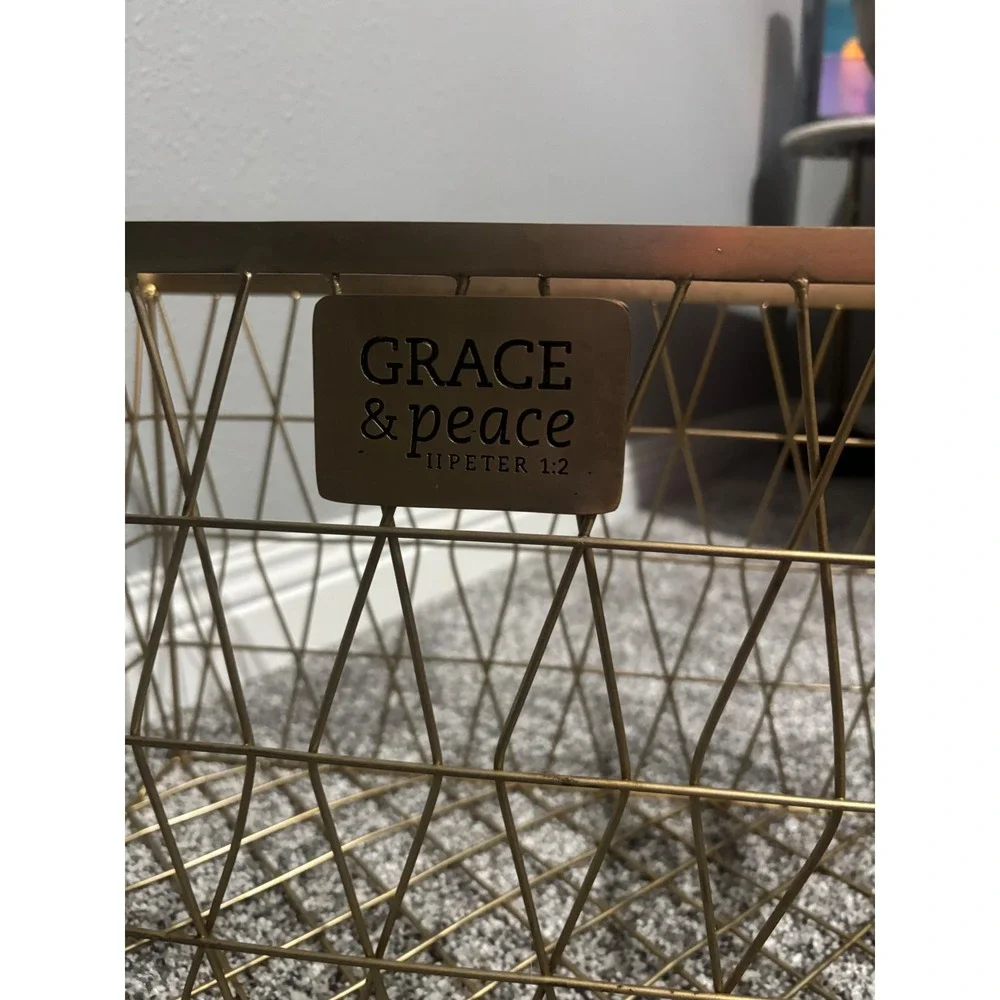 Grace & Peace Gold Wire Storage Basket II Peter 1:2 Geometric Metal Organizer